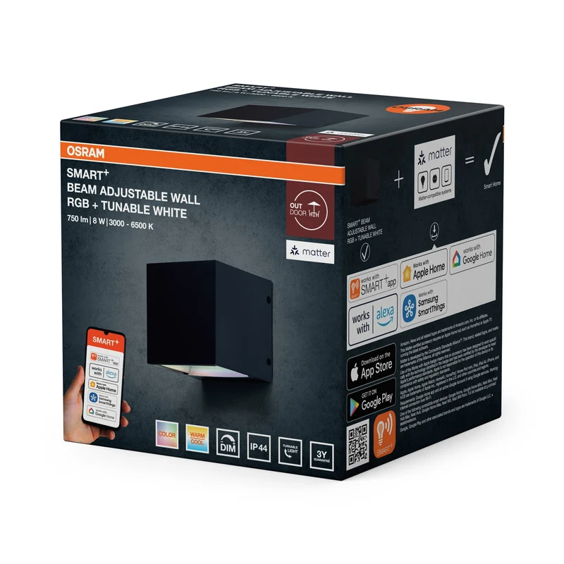 OSRAM Matter SMART+ Applique murale Beam, RGB+, TW, 8W, 3000-6500K, Noir