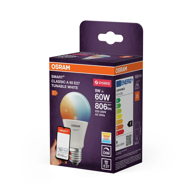 OSRAM Smart+ Lampe avec technologie ZigBee, 9W, A60, mat, culot E27, couleur de lumière blanc réglable, 806lm