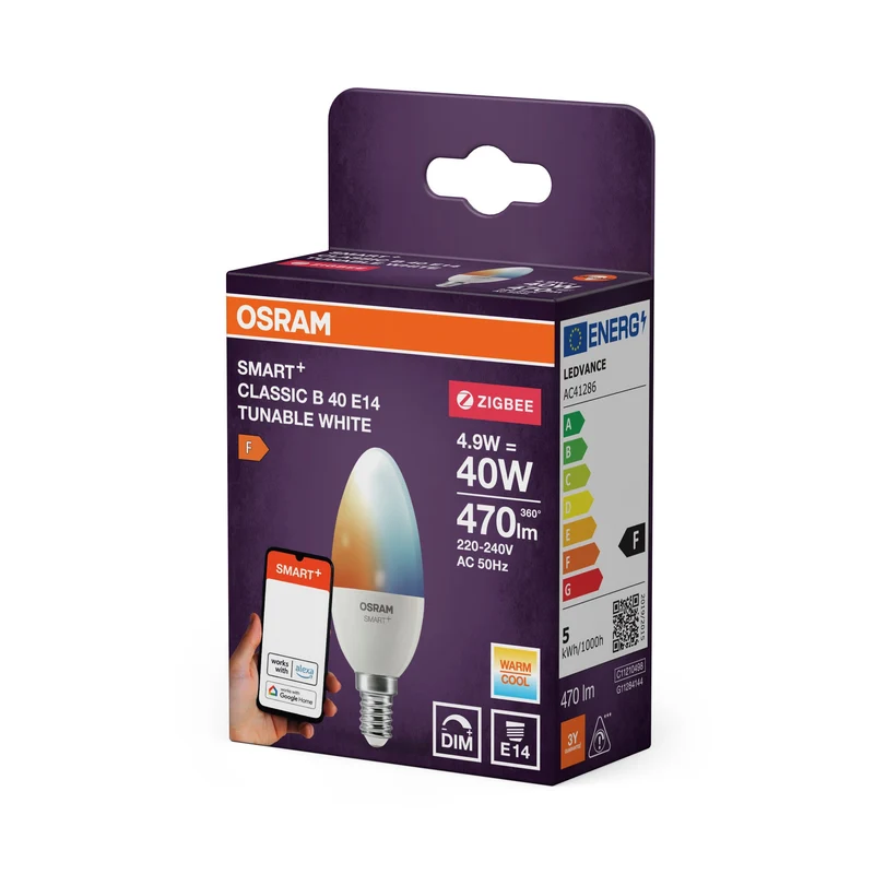 OSRAM Smart+ Lampe avec technologie ZigBee, 5W, remplacement 40W, culot E14, couleur de lumière blanc réglable, 470lm