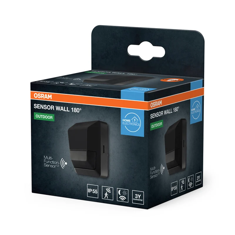 OSRAM Capteur pour montage mural, rayon de détection de 180 degrés, classe de protection IP55, gris foncé, SENSOR WALL