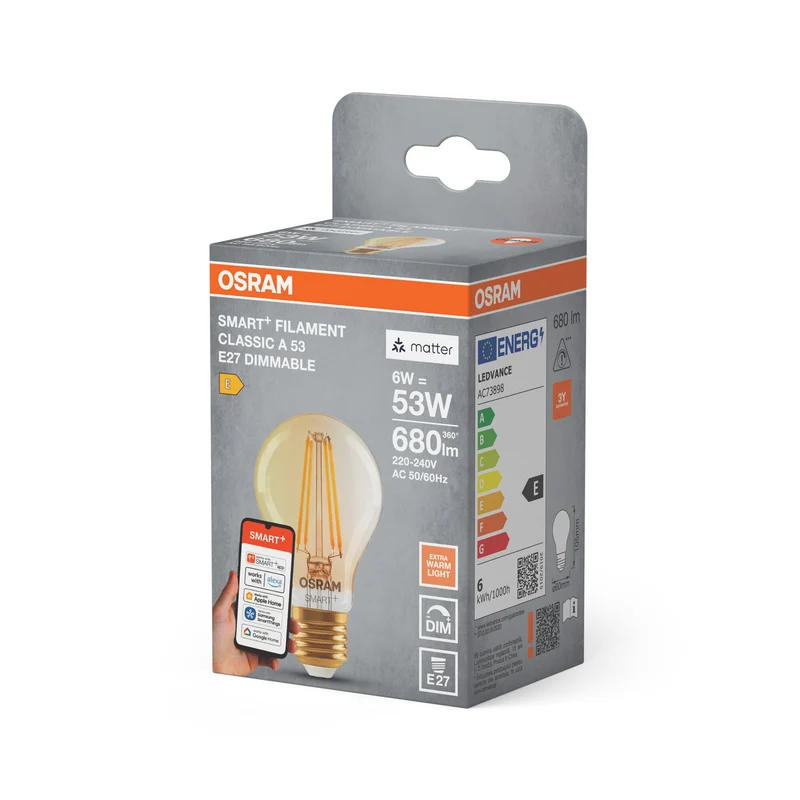 OSRAM Matter SMART+ ampoule LED avec technologie WiFi en verre doré, culot E27, dimmable, blanc chaud (2400K), remplace les ampoules à incandescence de 53 W, SMART+ WiFi classique dimmable, pack de 1