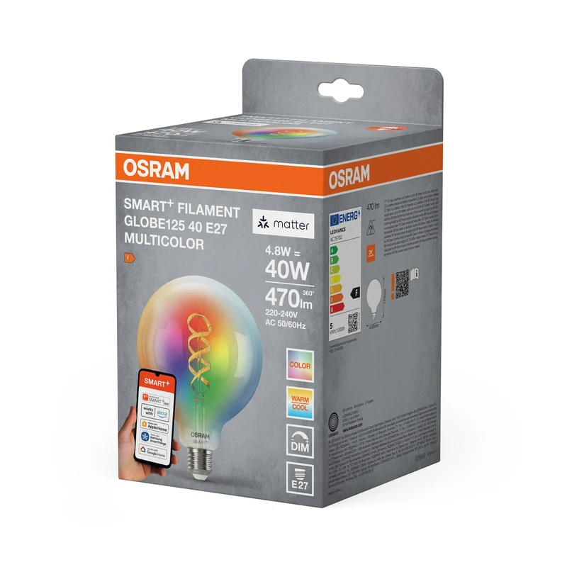OSRAM Matter SMART+ LED Lampe CLASSIC Edison, RGB, verre filament, 4,8W, 470lm, E27