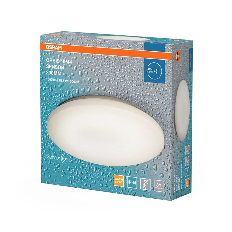 OSRAM ORBIS lampe de salle de bain LED avec capteur, plafonnier LED avec IP44 blanc chaud avec 15 W, 1100 lumens et 30 cm de diamètre. ORBIS IP44 CAPTEUR 300MM 15.5W 830