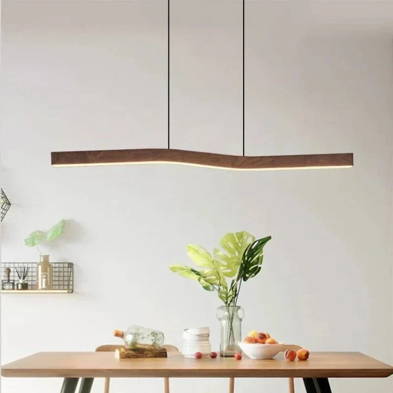 Retro Camur Linear Pendant Light – Walnut Wood Grain Long Strip Modern Hanging Lamp for Dining Room, Loft, Restaurant & Home Décor