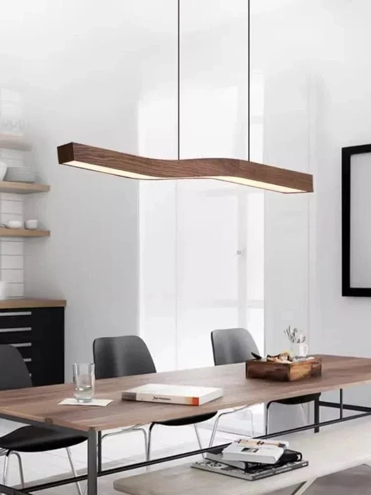 Retro Camur Linear Pendant Light – Walnut Wood Grain Long Strip Modern Hanging Lamp for Dining Room, Loft, Restaurant & Home Décor