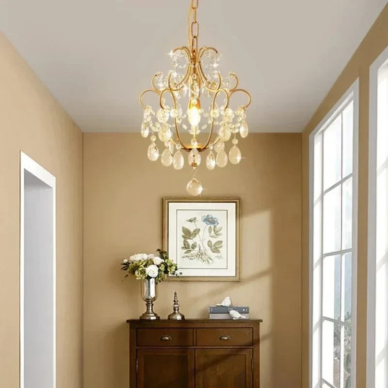 Retro Crystal Chandelier LED Restaurant Hanging Lamp Room Decor Luxury Bedroom Parlor Light Fixture Golden Crystal Pendant Light