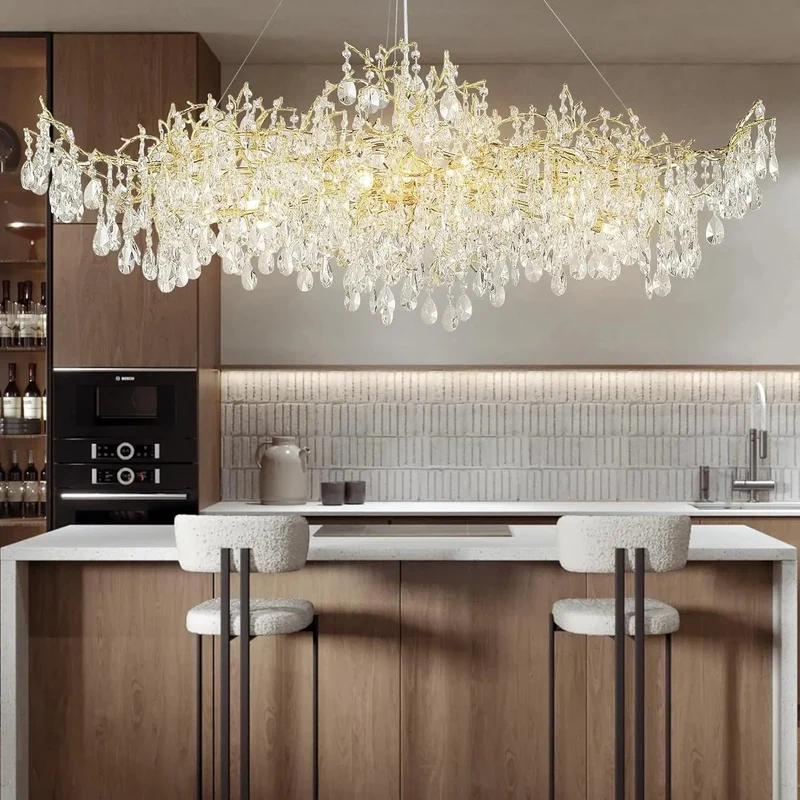 Luxury Modern Crystal Pendant Chandelier Hanging Living Room Lamp Dining Table Silver Branch Rectangular Chandeliers for Kitchen
