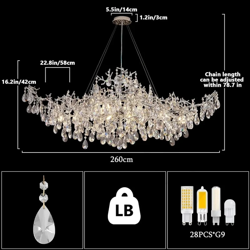 Luxury Modern Crystal Pendant Chandelier Hanging Living Room Lamp Dining Table Silver Branch Rectangular Chandeliers for Kitchen