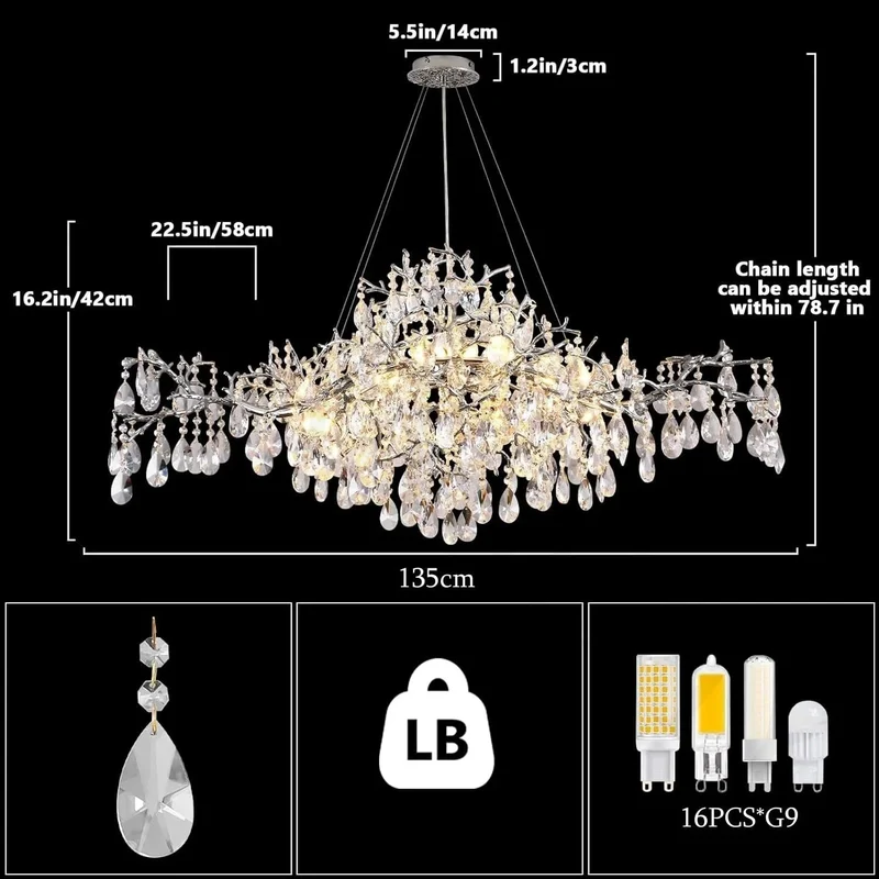 Luxury Modern Crystal Pendant Chandelier Hanging Living Room Lamp Dining Table Silver Branch Rectangular Chandeliers for Kitchen