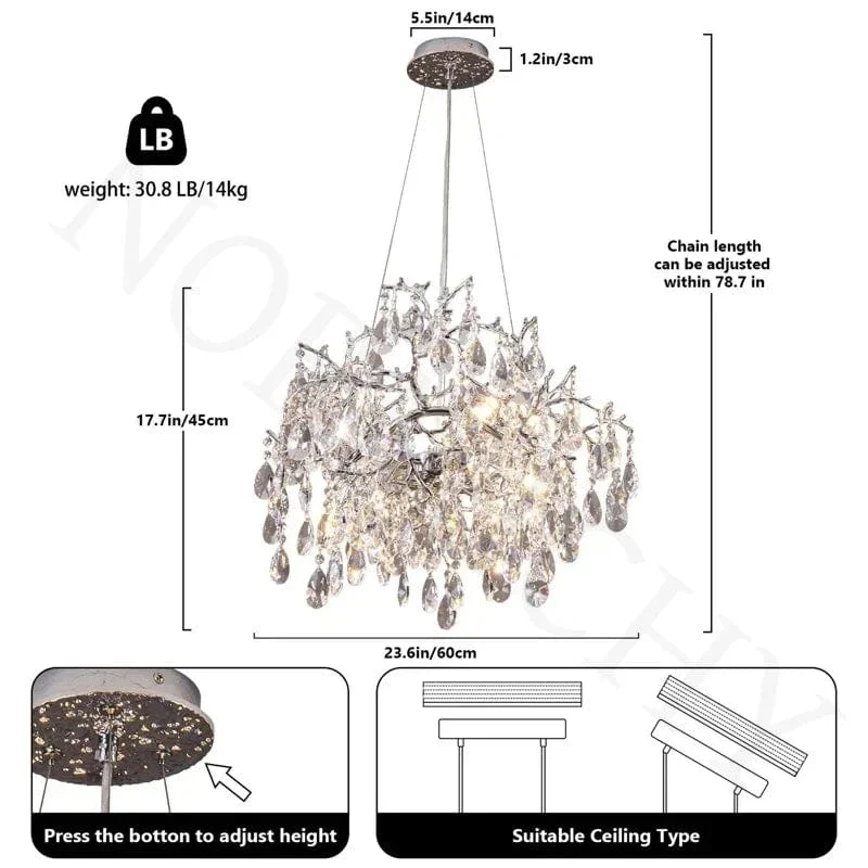 Luxury Modern Crystal Pendant Chandelier Hanging Living Room Lamp Dining Table Silver Branch Rectangular Chandeliers for Kitchen