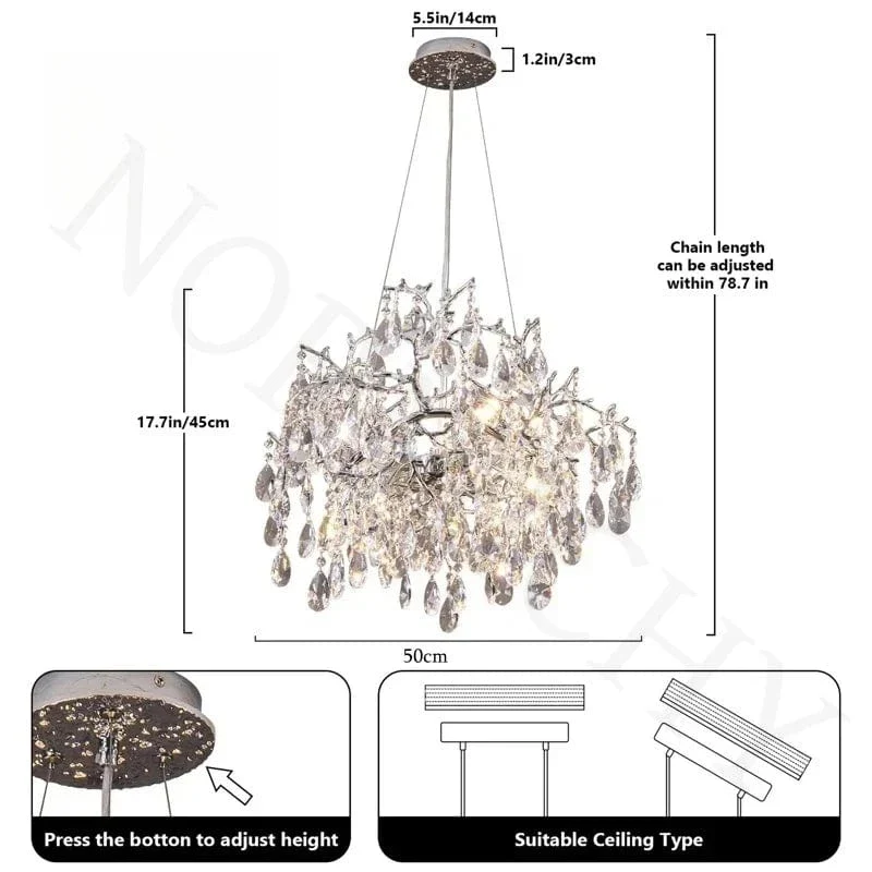 Luxury Modern Crystal Pendant Chandelier Hanging Living Room Lamp Dining Table Silver Branch Rectangular Chandeliers for Kitchen
