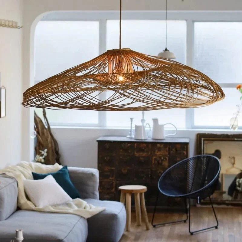 Large Wicker Pendant Lamp Wabi Sabi Style Rattan Chandelier For Living Room Bedroom Restaurant Wood Hand Woven Pendant Lamp