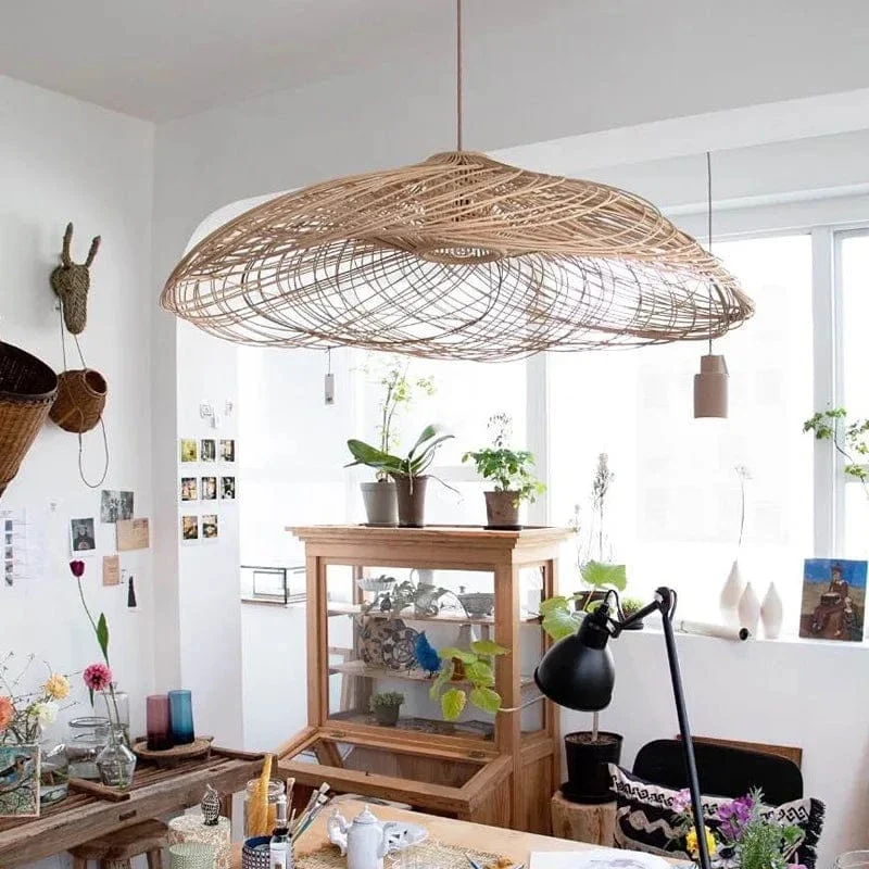 Large Wicker Pendant Lamp Wabi Sabi Style Rattan Chandelier For Living Room Bedroom Restaurant Wood Hand Woven Pendant Lamp