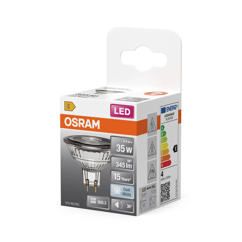 OSRAM LED STAR MR16 12V LED lampe réflecteur avec culot GU5.3, blanc froid (4000K), spot en verre, 3,80W, remplacement pour lampe réflecteur 35W