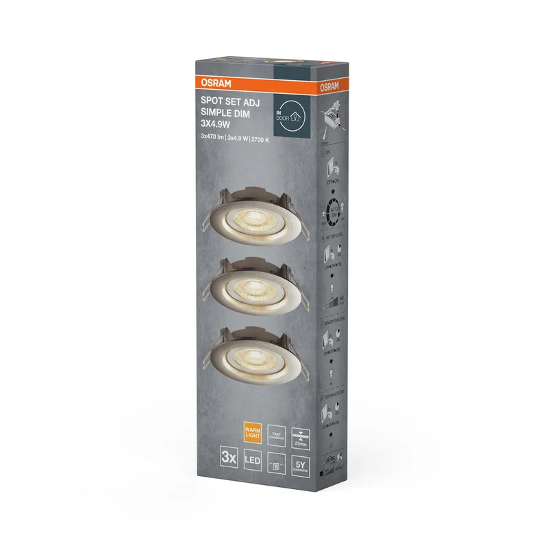 OSRAM LED spot encastrable, Ø 90mm, lot de 3, 3x 5W, blanc chaud, gradable en continu par interrupteur mural, gris
