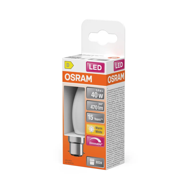 OSRAM LED Lampe LED Rétrofit CLASSIC B DIM 4.8W 82 Givré B22d, 470 lm, 2700 K, Blanc chaud