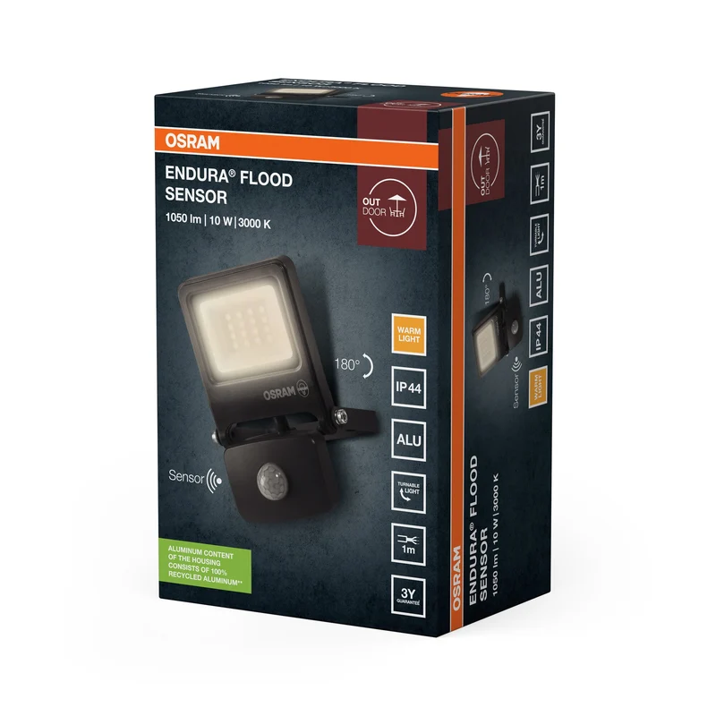 OSRAM LED Fluter, lampe pour applications extérieures, capteur de mouvement intégré, blanc chaud, 125,0 mm x 101,0 mm x 29,0 mm, ENDURA FLOOD