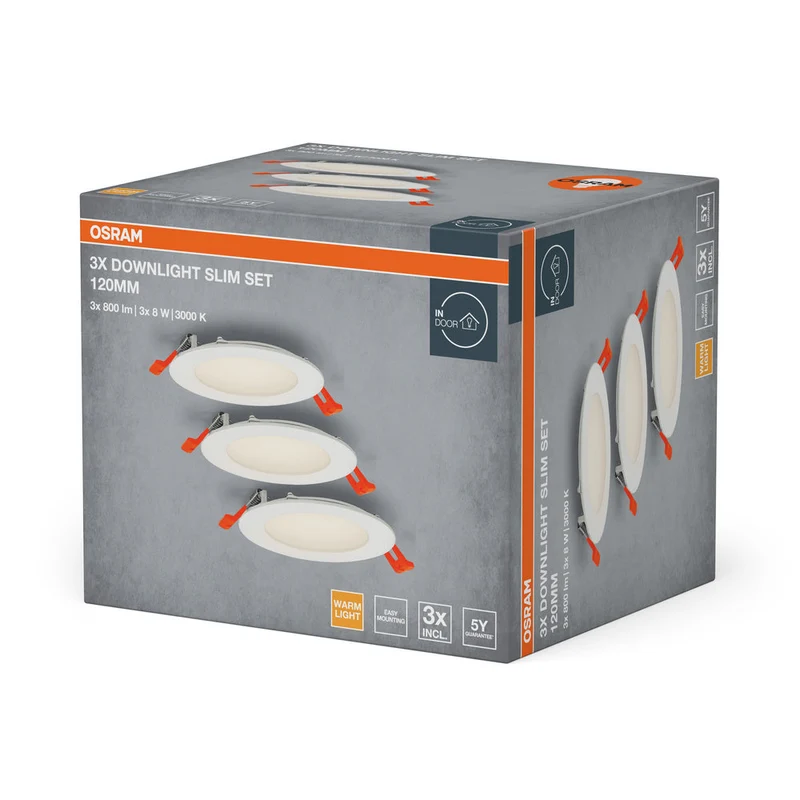 OSRAM Spot encastrable blanc, downlight slim avec pilote intégré, Ø 120 mm, couleur de lumière blanc chaud (3000K), 8W, IP20, pack de 3
