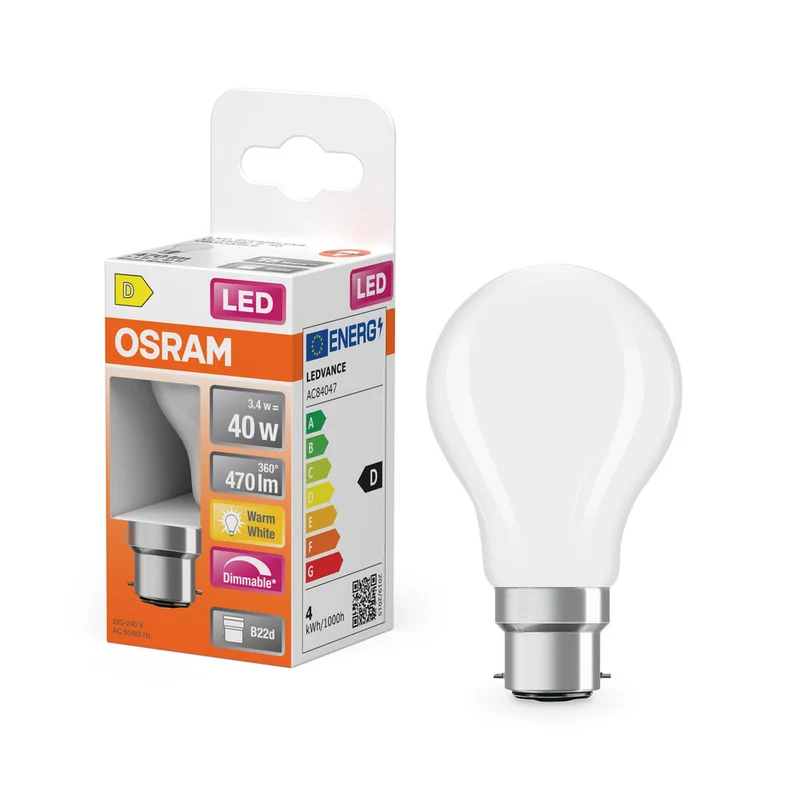 OSRAM LED Lampe LED Rétrofit CLASSIC P DIM 4.8W 827 Givré B22d, 470 lm, 2700 K, Blanc chaud