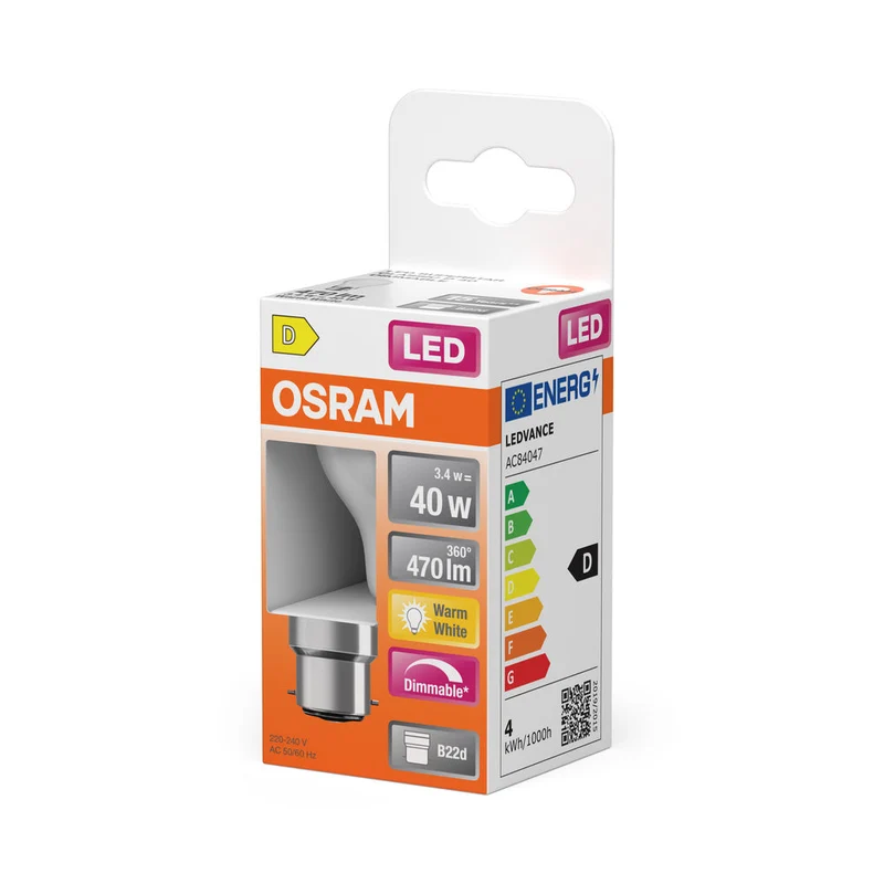 OSRAM LED Lampe LED Rétrofit CLASSIC P DIM 4.8W 827 Givré B22d, 470 lm, 2700 K, Blanc chaud