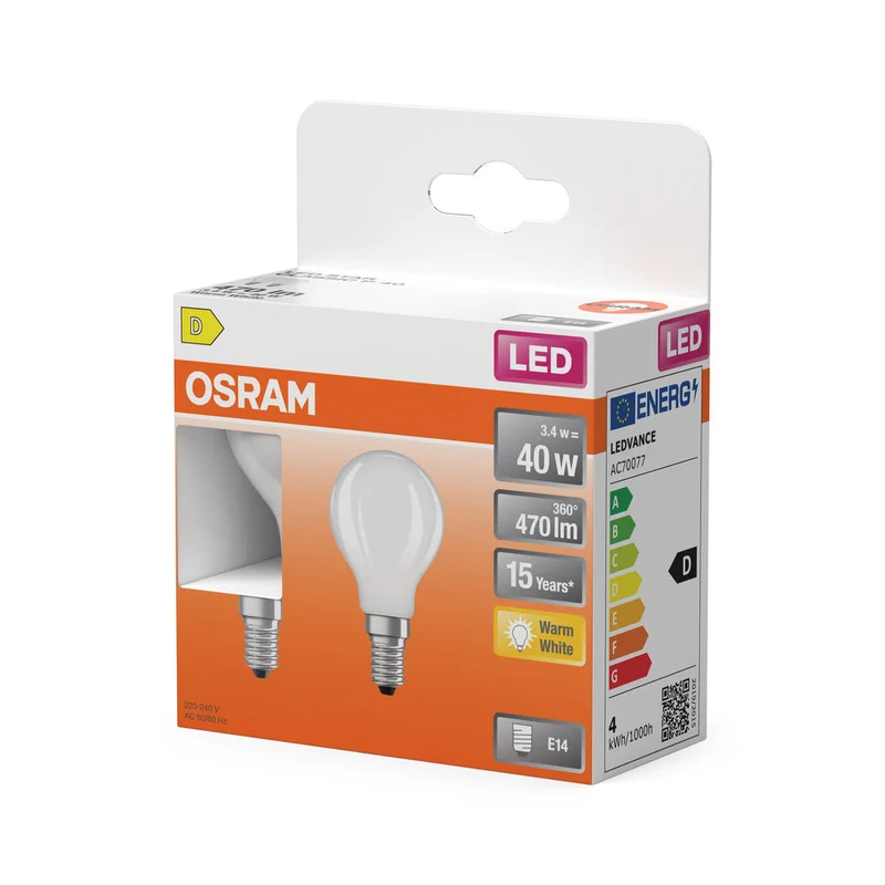OSRAM ampoules LED, forme mini-boule classique, remplacement 40 watts, E14, forme P, 2700 kelvin, blanc chaud, verre clair, pack de 2