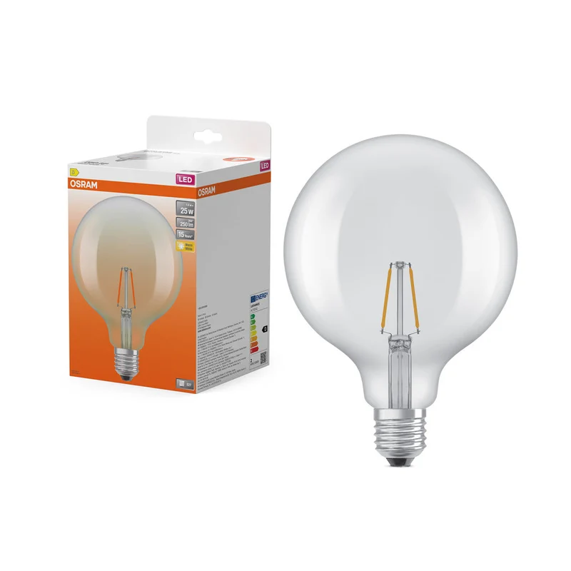 OSRAM ampoules LED, forme classique boule, remplacement 25 watts, E27, G125, 2700 kelvin, blanc chaud, verre clair, paquet simple
