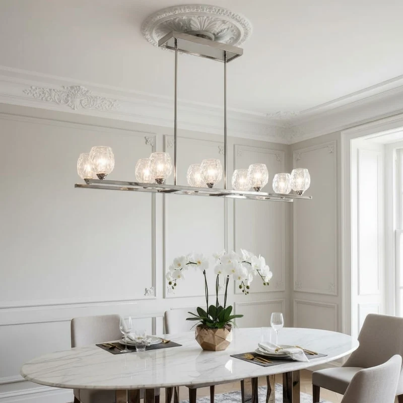 Lustre Long Argent et Abat Jour en Verre
