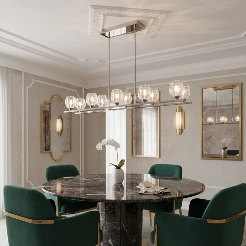 Lustre Long Argent et Abat Jour en Verre