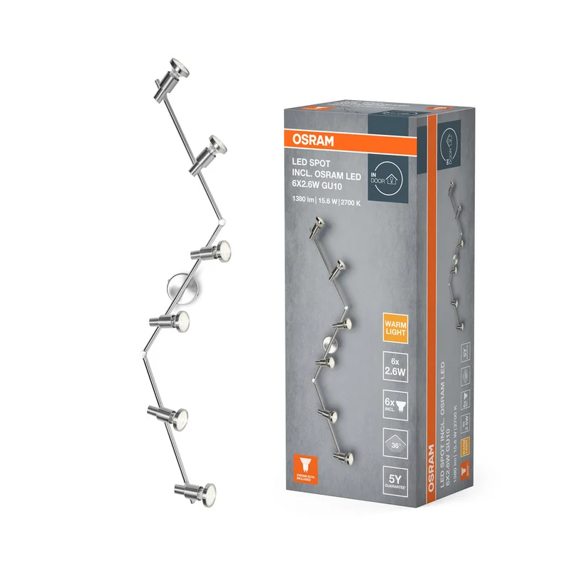 OSRAM projecteur LED, projecteur de haute qualité à 6 flammes en aluminium, adapté pour mur et plafond intérieur, ampoules GU10 remplaçables incluses, blanc chaud (2700K), 3W, LED SPOT GU10 6x3W