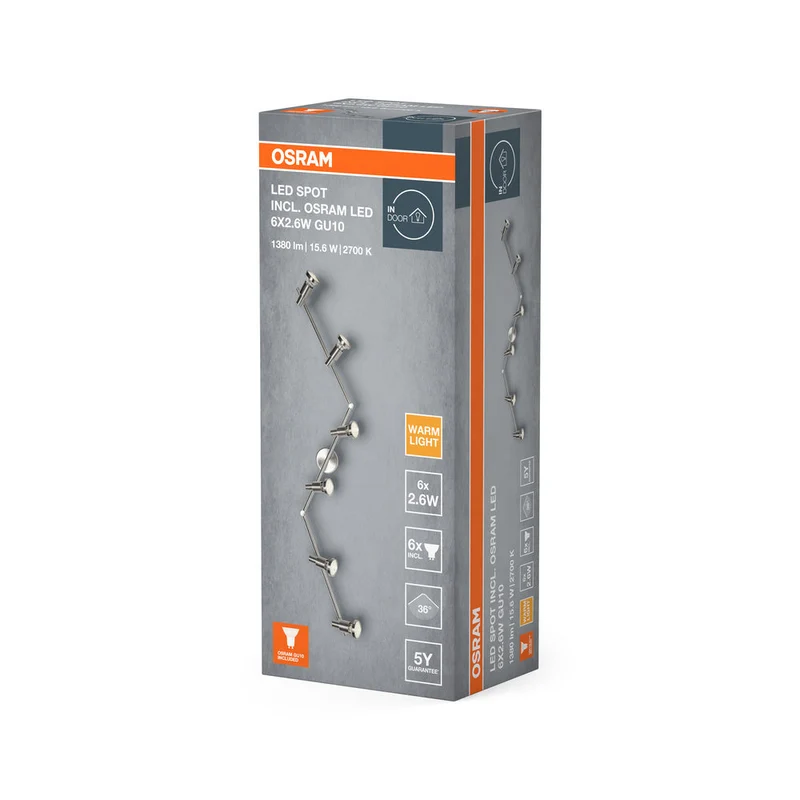 OSRAM projecteur LED, projecteur de haute qualité à 6 flammes en aluminium, adapté pour mur et plafond intérieur, ampoules GU10 remplaçables incluses, blanc chaud (2700K), 3W, LED SPOT GU10 6x3W