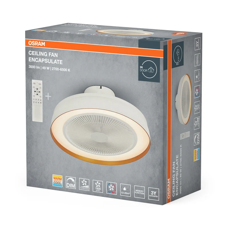 OSRAM Ventilateur de plafond Encapsulate Deckenventilator, 49W, 3000lm, 2700-6500K, Blanc