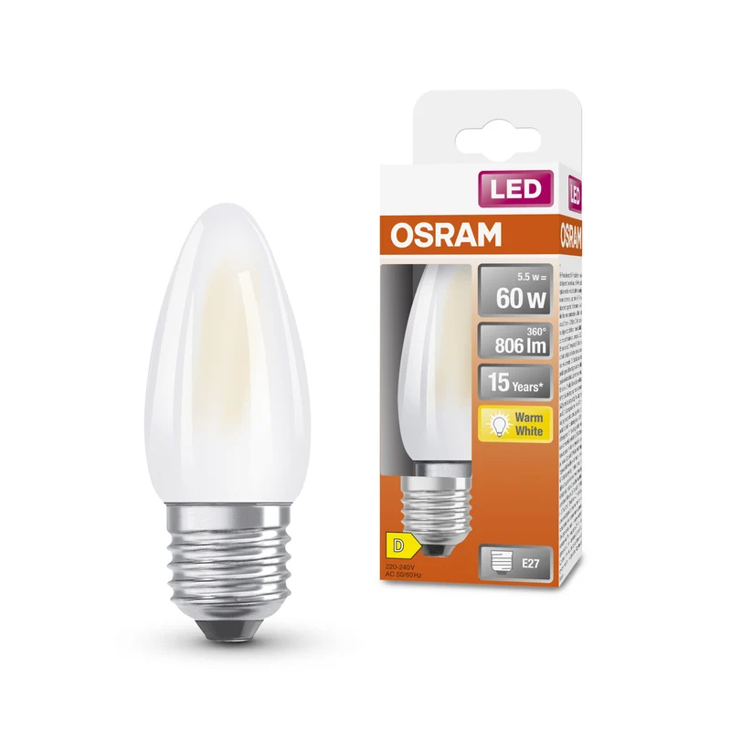 OSRAM LED Star Classic Lampe, Minibougie, 5.5W, givré, E27, blanc chaud