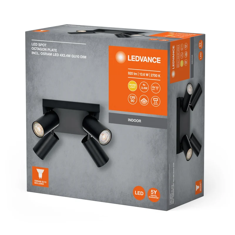 LEDVANCE LED SPOT OCTAGON PL Plafonnier 4 x 3,4W, GU10, 920lm, noir