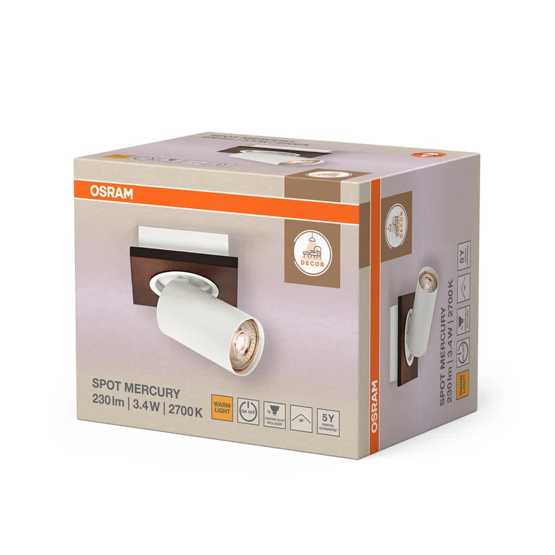 OSRAM DECOR SPOT MERCURY Plafonnier, 1 x 3,4W, aspect bois, blanc