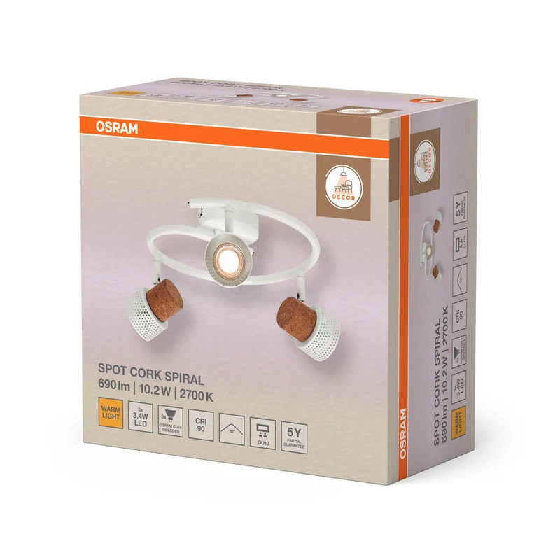 OSRAM DECOR SPOT CORK Spirale Plafonnier, 3 x 3,4W, 690lm, blanc
