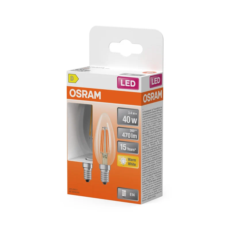 OSRAM ampoules LED, forme classique de mini bougies, remplacement 40 watts, E14, forme B, 2700 kelvins, blanc chaud, verre clair, lot de 2