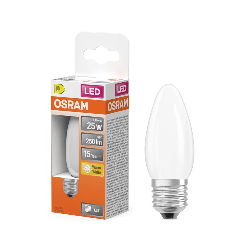 OSRAM lampes LED, forme classique de mini bougies, remplacement 25 watts, E27, forme B, 2700 Kelvin, blanc chaud, verre clair, paquet simple
