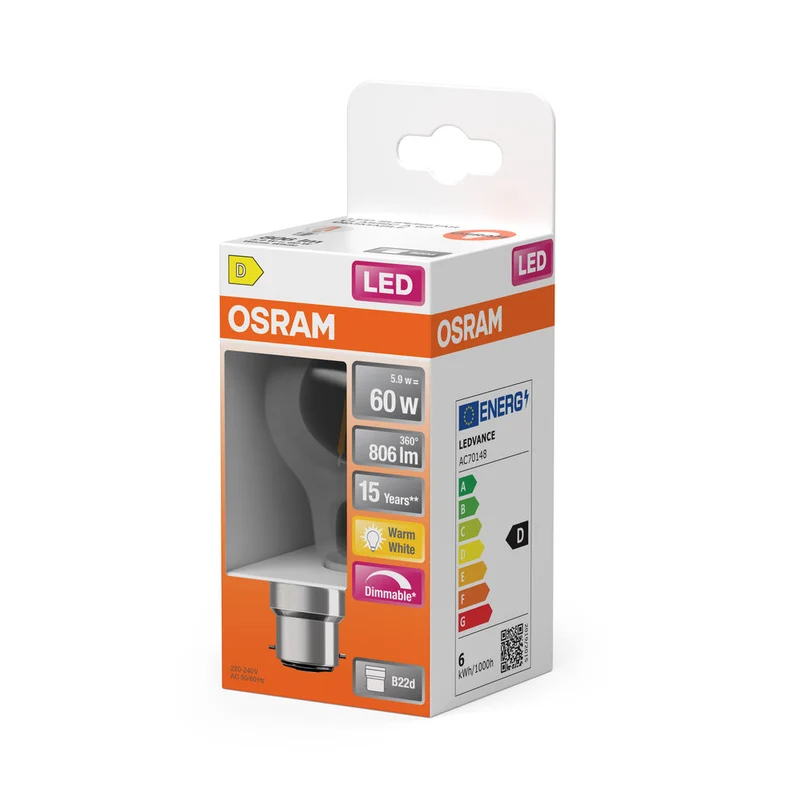 OSRAM LED Lampe LED Rétrofit CLASSIC A DIM 7W 827 Clair B22d, 806 lm, 2700 K, Blanc chaud