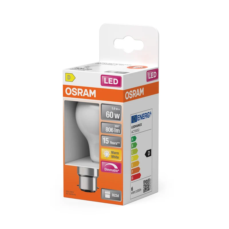 OSRAM Lampe LED Rétrofit CLASSIC A DIM 7W 827 Givré B22d, 806 lm, 2700 K, Blanc chaud