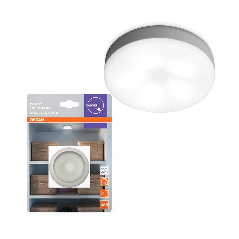 OSRAM Lampe à piles LED pour dessous de mur/armoire, DOT-it Touch 0,45 W, 5V Blanc froid 4000K