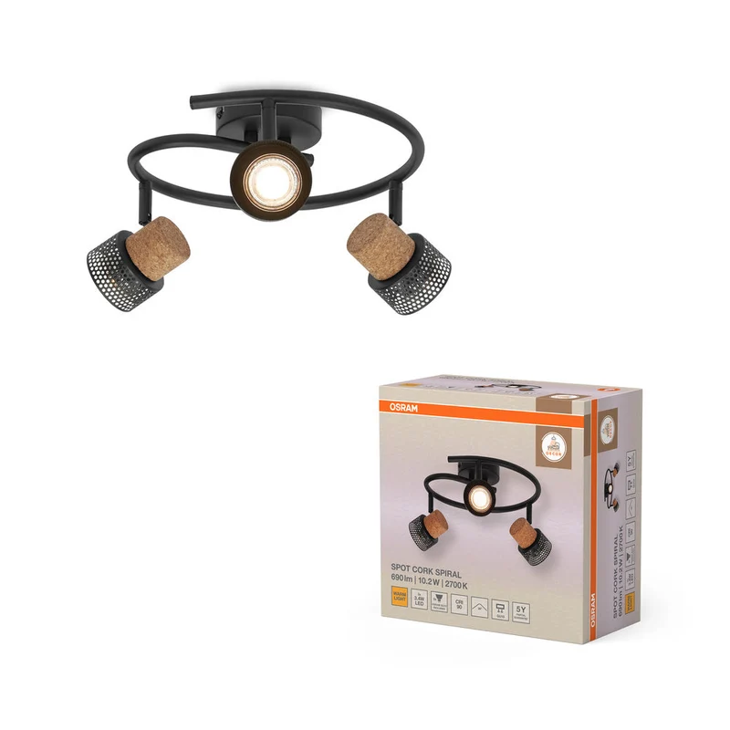 OSRAM SPOT DÉCOR CORK Spiral Plafonnier, 3 x 3,4W, 690lm, noir