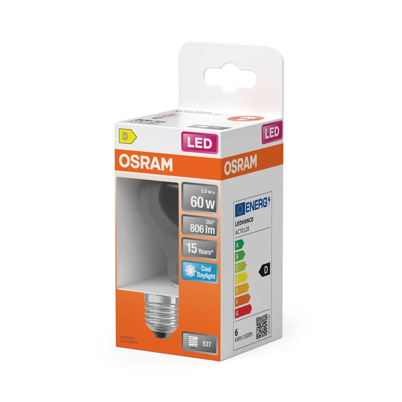 OSRAM LED Lampe LED Rétrofit CLASSIC A 6.5W 865 Clair E27, 806 lm, 6500 K, Lumière du jour froide