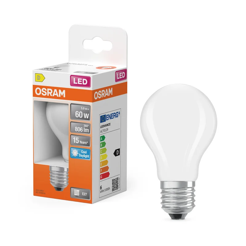 OSRAM LED Lampe LED Rétrofit CLASSIC A 6.5W 865 Givré E27, 806 lm, 6500 K, Lumière du jour froide