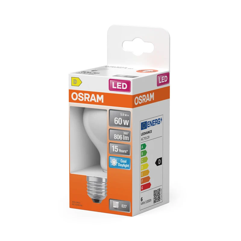 OSRAM LED Lampe LED Rétrofit CLASSIC A 6.5W 865 Givré E27, 806 lm, 6500 K, Lumière du jour froide