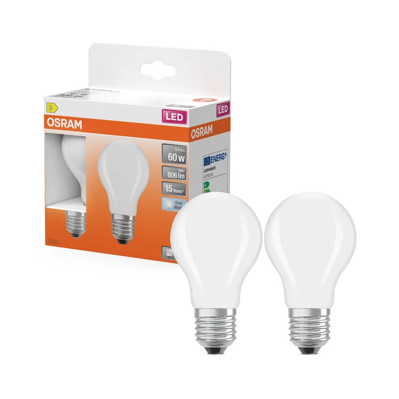 OSRAM LED Lampe LED Rétrofit CLASSIC A 6.5W 840 Givré E27, 806 lm, 4000 K, Blanc froid, Pack de 2