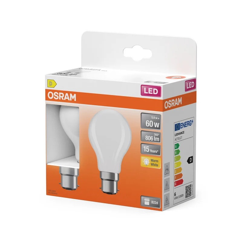 OSRAM LED Lampe LED Rétrofit CLASSIC A 6.5W 827 Givré B22d Pack de 2, 806 lm, 2700 K, Blanc chaud, Pack de 2