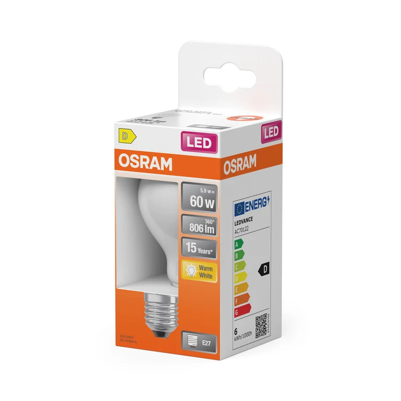 OSRAM LED Rétrofit Classic A LED Lampe mat (ex 60W) 7W / 2700K Blanc chaud E27