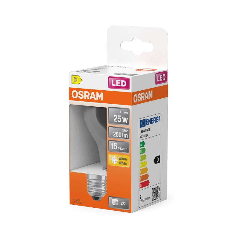 OSRAM LED Lampe LED Rétrofit CLASSIC A 2.5W 827 Clair E27, 250 lm, 2700 K, Blanc chaud