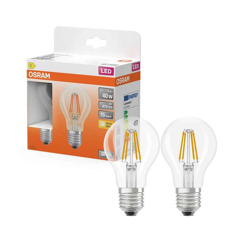 OSRAM ampoules LED, forme classique en ampoule, remplacement 40 watts, E27, forme A, 2700 kelvins, blanc chaud, verre clair, lot de 2