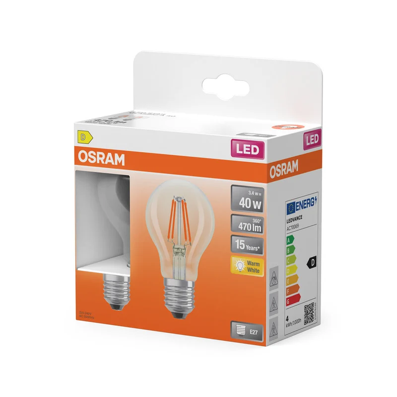 OSRAM ampoules LED, forme classique en ampoule, remplacement 40 watts, E27, forme A, 2700 kelvins, blanc chaud, verre clair, lot de 2